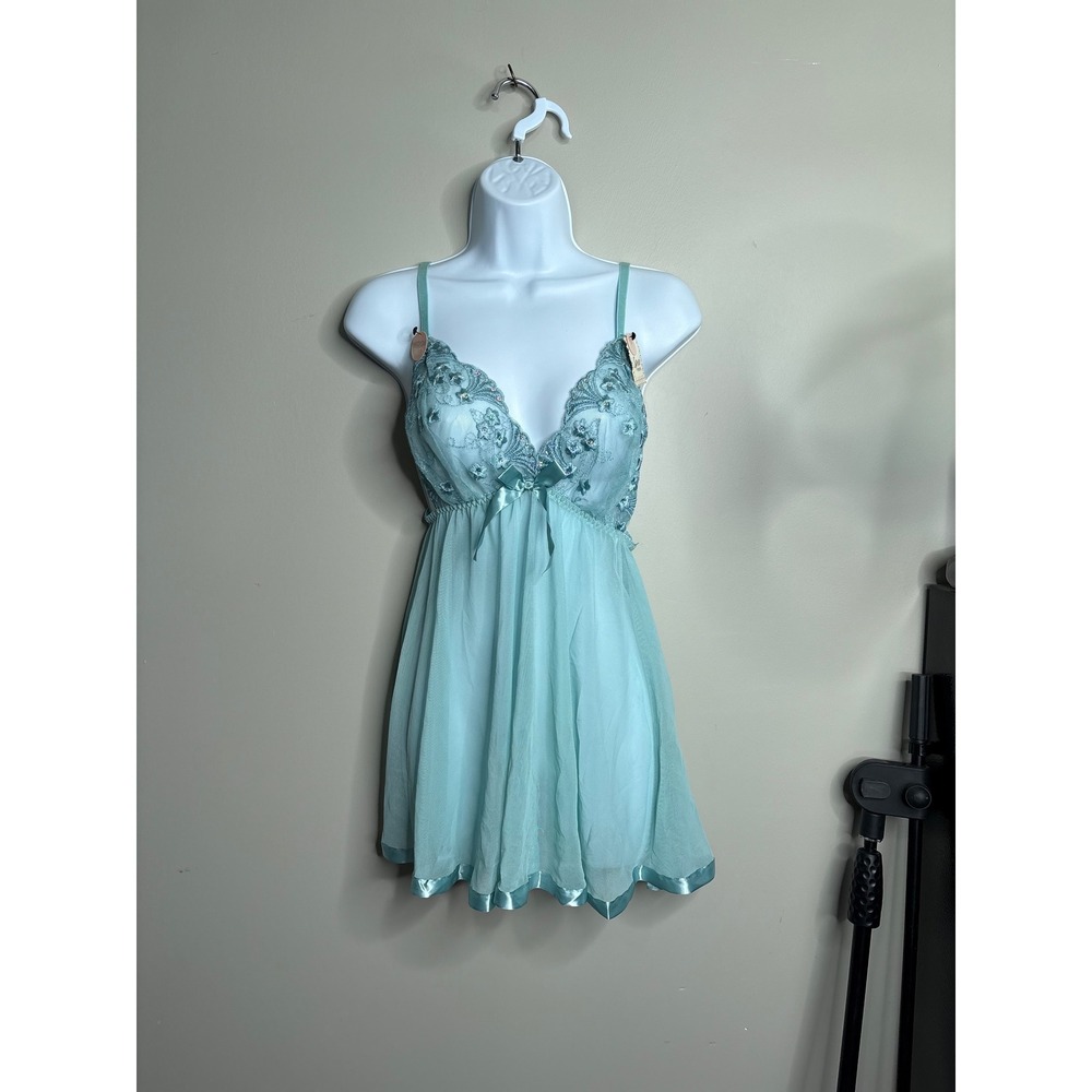 Spree Intimates Aqua Blue Lace Sequin Babydoll Chemise Lingerie Set Medium NEW